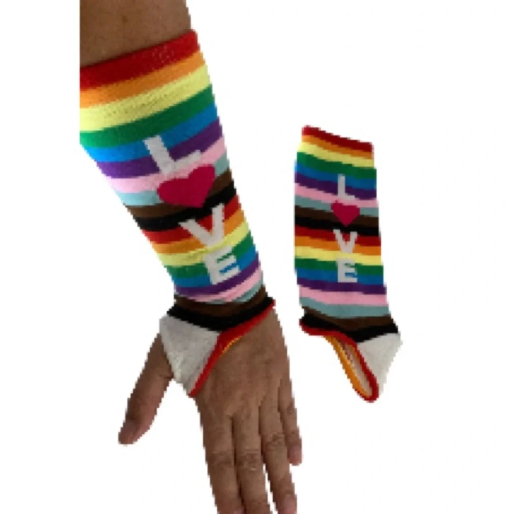 Fingerless Hand Warmers Rainbow Love Heart Pride One Size Fits Most 10 in x 3.5